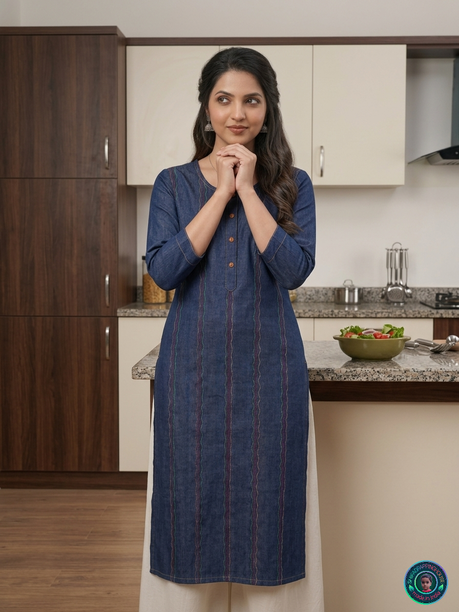 💎 Elite Navy Denim Zig-Zag Kurta | Handcrafted Tri-Color Anchoring & Wooden Detail Edition