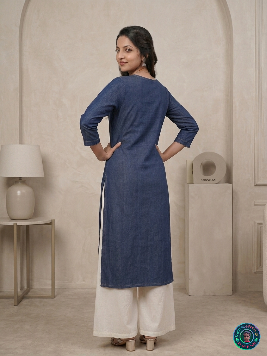💎 Elite Navy Denim Zig-Zag Kurta | Handcrafted Tri-Color Anchoring & Wooden Detail Edition