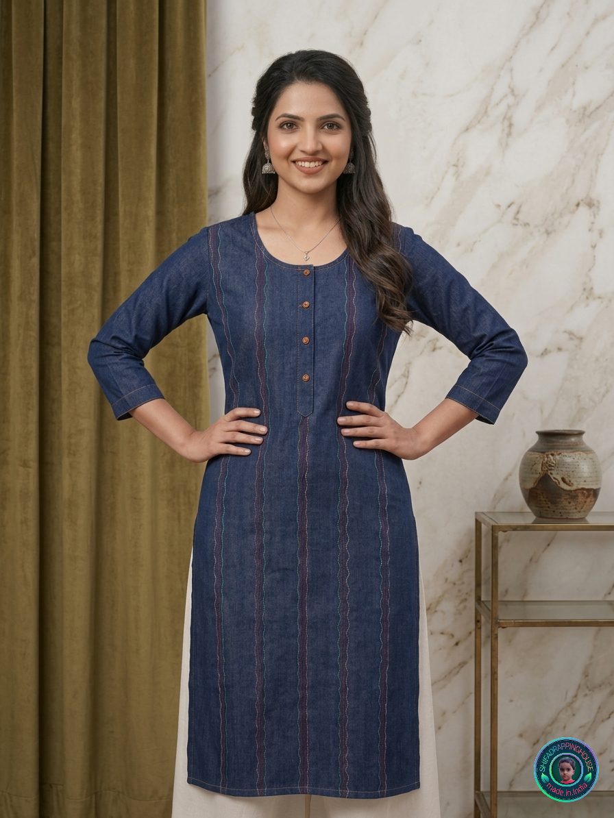 💎 Elite Navy Denim Zig-Zag Kurta | Handcrafted Tri-Color Anchoring & Wooden Detail Edition