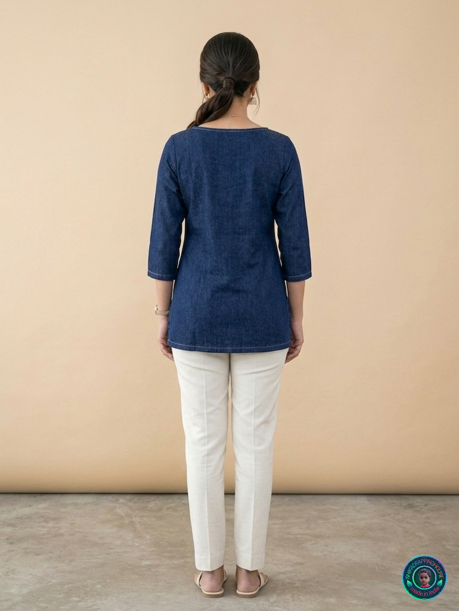 Royal Indigo Denim Boat-Neck Top | Handcrafted Anchoring Stitch Luxury Edition