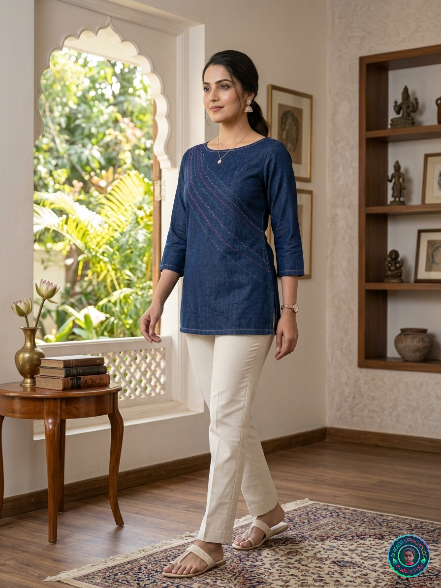 Royal Indigo Denim Boat-Neck Top | Handcrafted Anchoring Stitch Luxury Edition