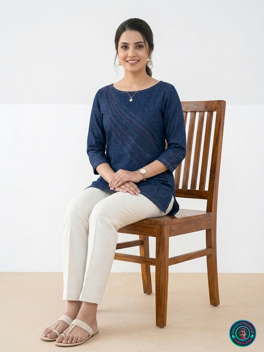 Royal Indigo Denim Boat-Neck Top | Handcrafted Anchoring Stitch Luxury Edition