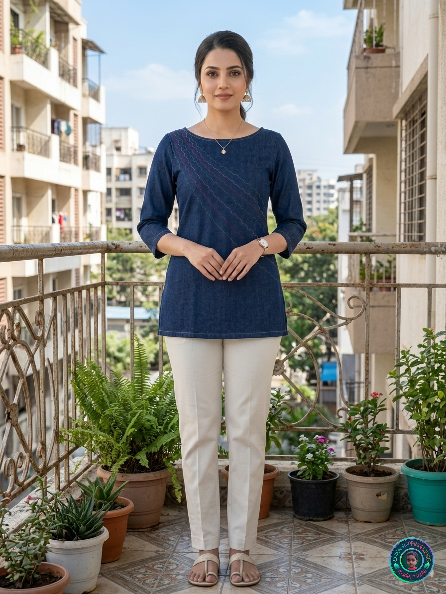 Royal Indigo Denim Boat-Neck Top | Handcrafted Anchoring Stitch Luxury Edition