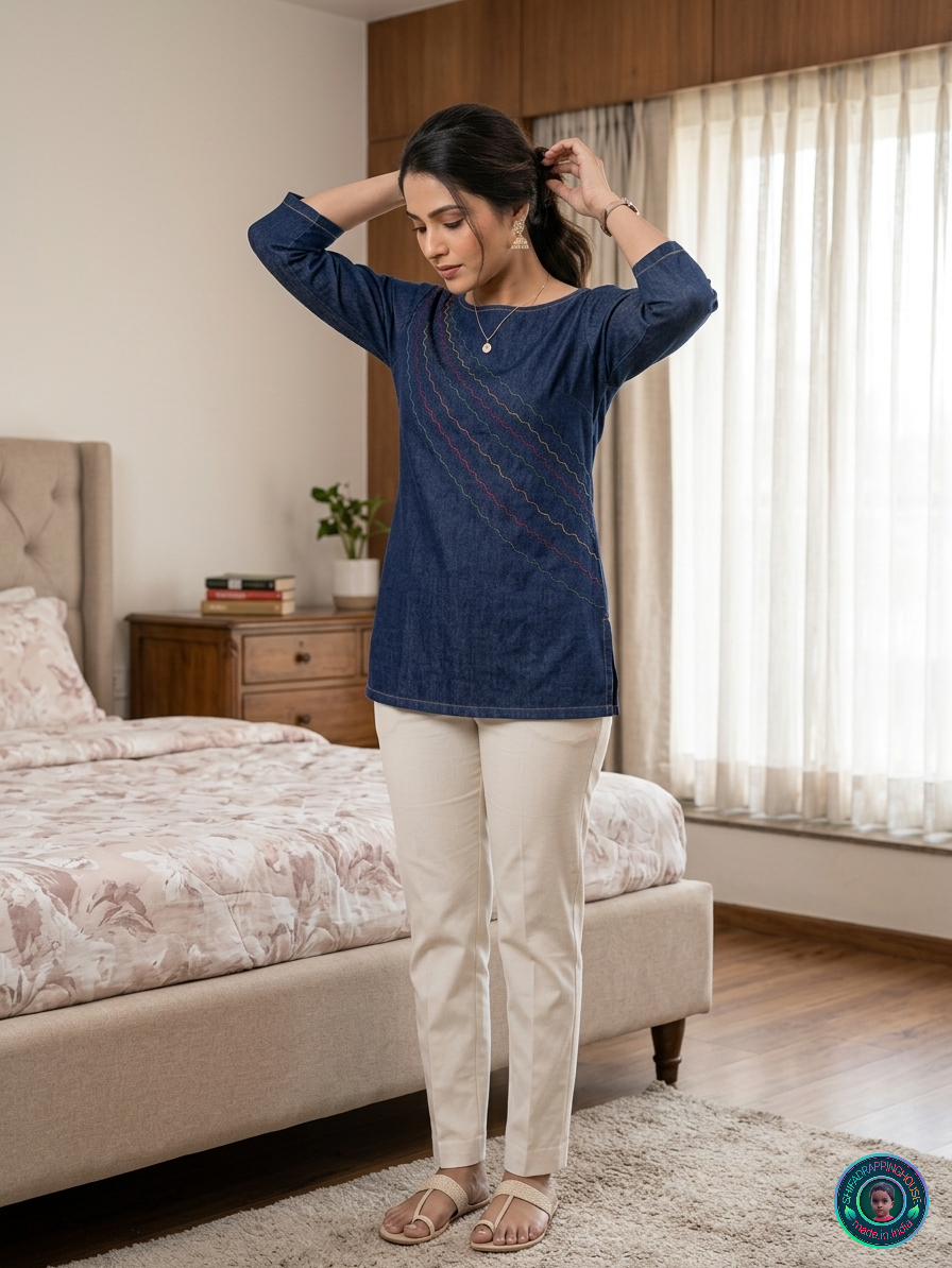 Royal Indigo Denim Boat-Neck Top | Handcrafted Anchoring Stitch Luxury Edition