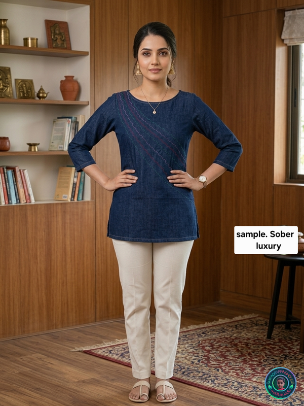 Royal Indigo Denim Boat-Neck Top | Handcrafted Anchoring Stitch Luxury Edition