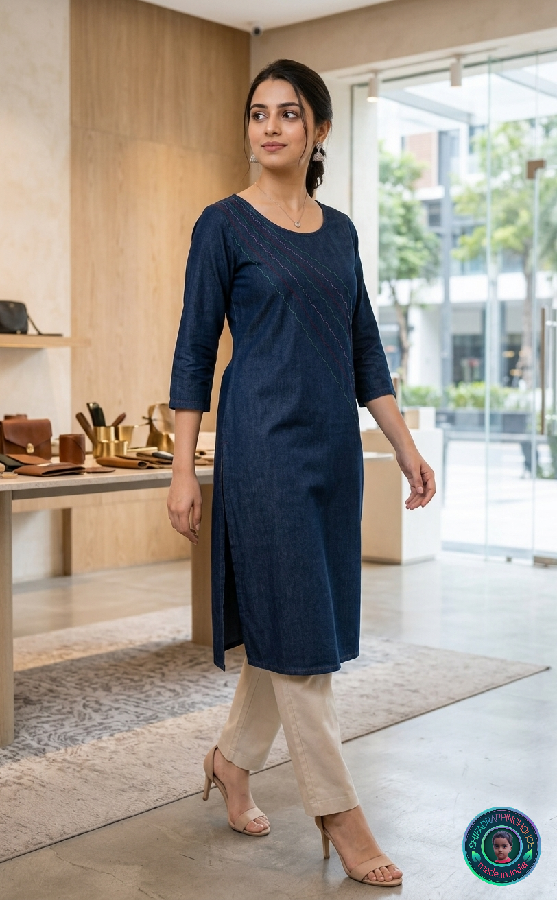 Elite Navy Denim 'Flow-Line' Kurta | Handcrafted Shoulder-to-Slit Zig-Zag Anchoring Edition