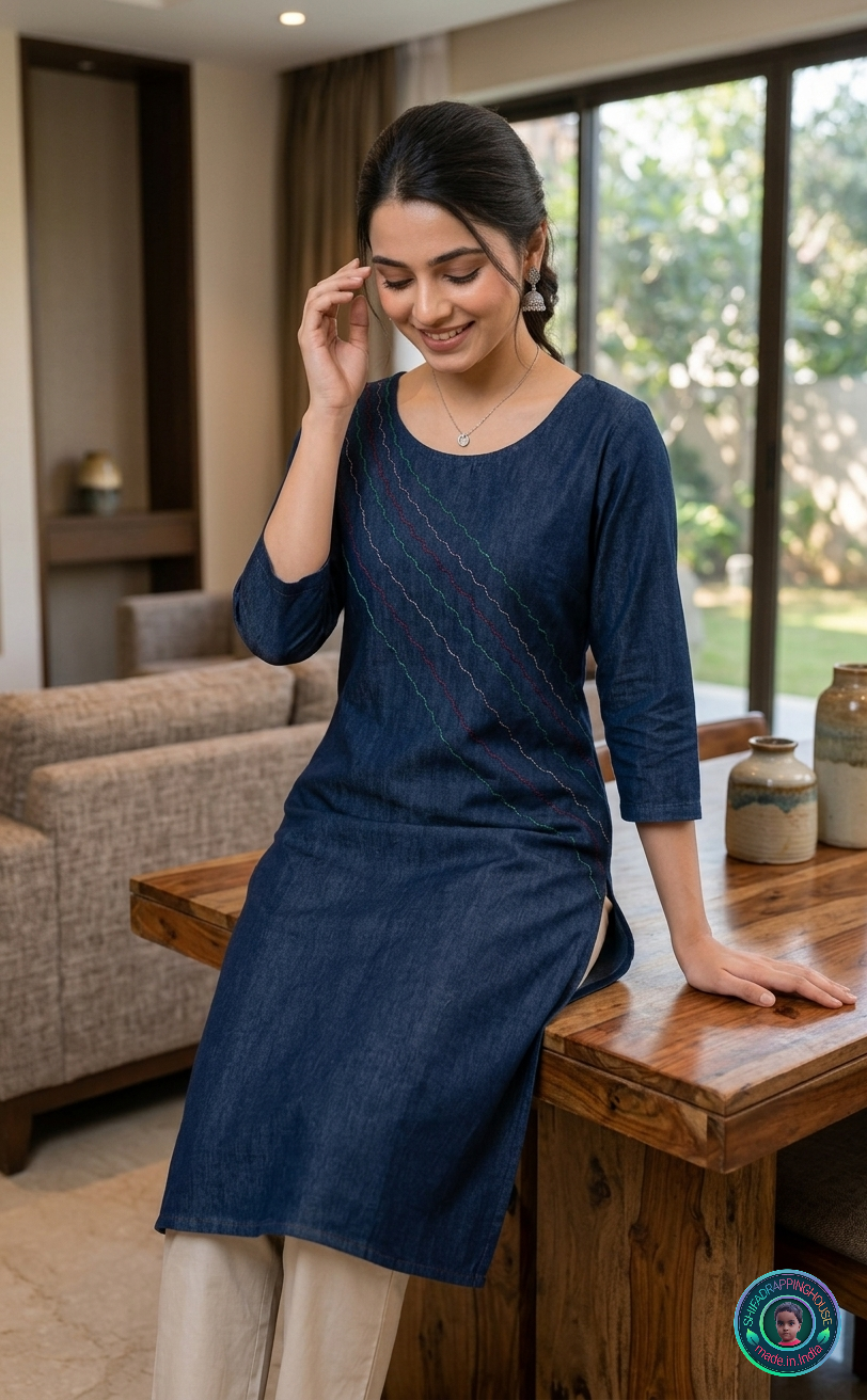 Elite Navy Denim 'Flow-Line' Kurta | Handcrafted Shoulder-to-Slit Zig-Zag Anchoring Edition
