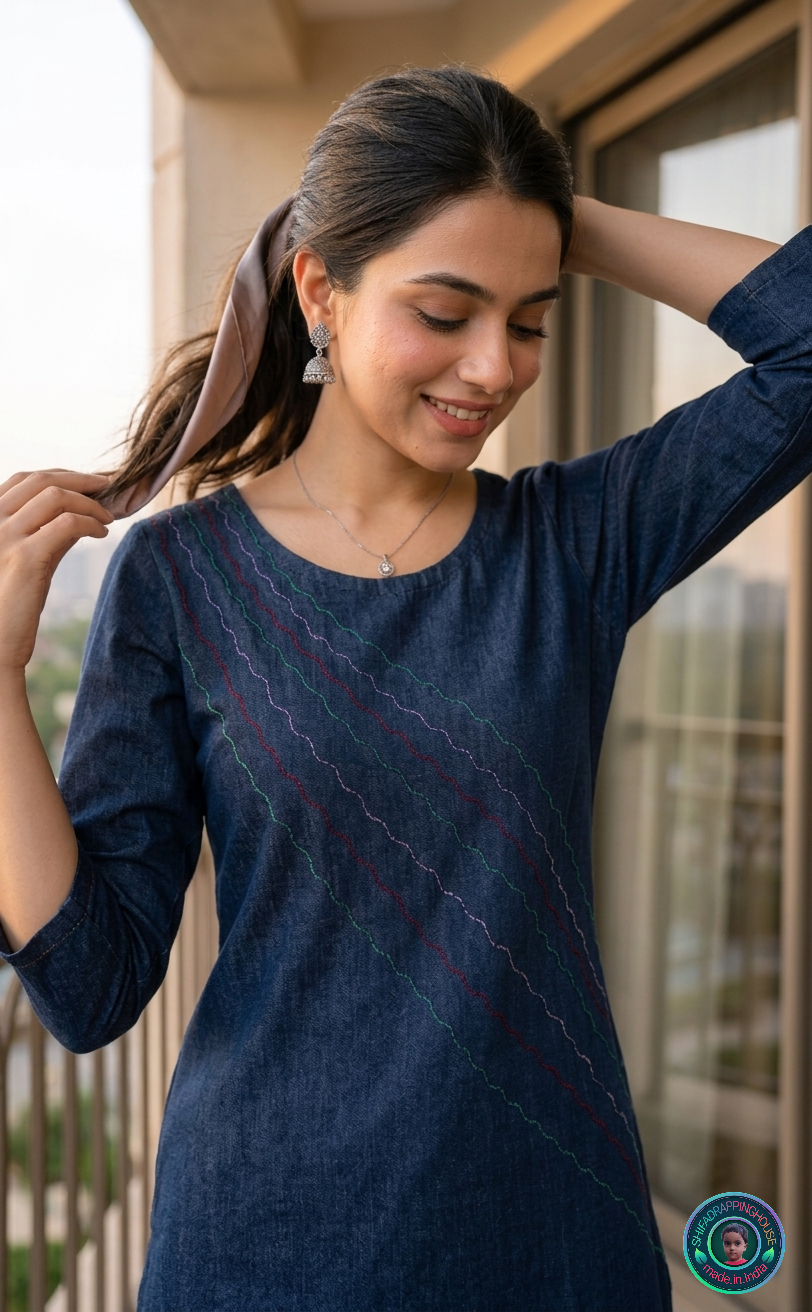 Elite Navy Denim 'Flow-Line' Kurta | Handcrafted Shoulder-to-Slit Zig-Zag Anchoring Edition