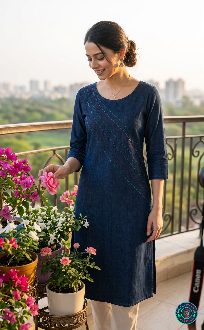 Elite Navy Denim 'Flow-Line' Kurta | Handcrafted Shoulder-to-Slit Zig-Zag Anchoring Edition