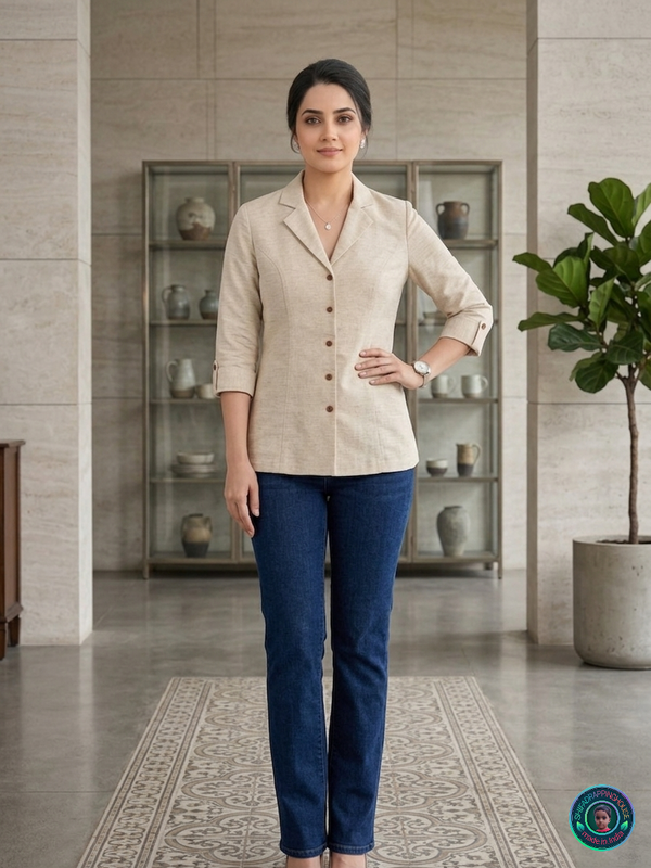 Signature Flex Denim Jacket-Style Top | Handcrafted Princess Cut & Wooden Button Luxury Edition