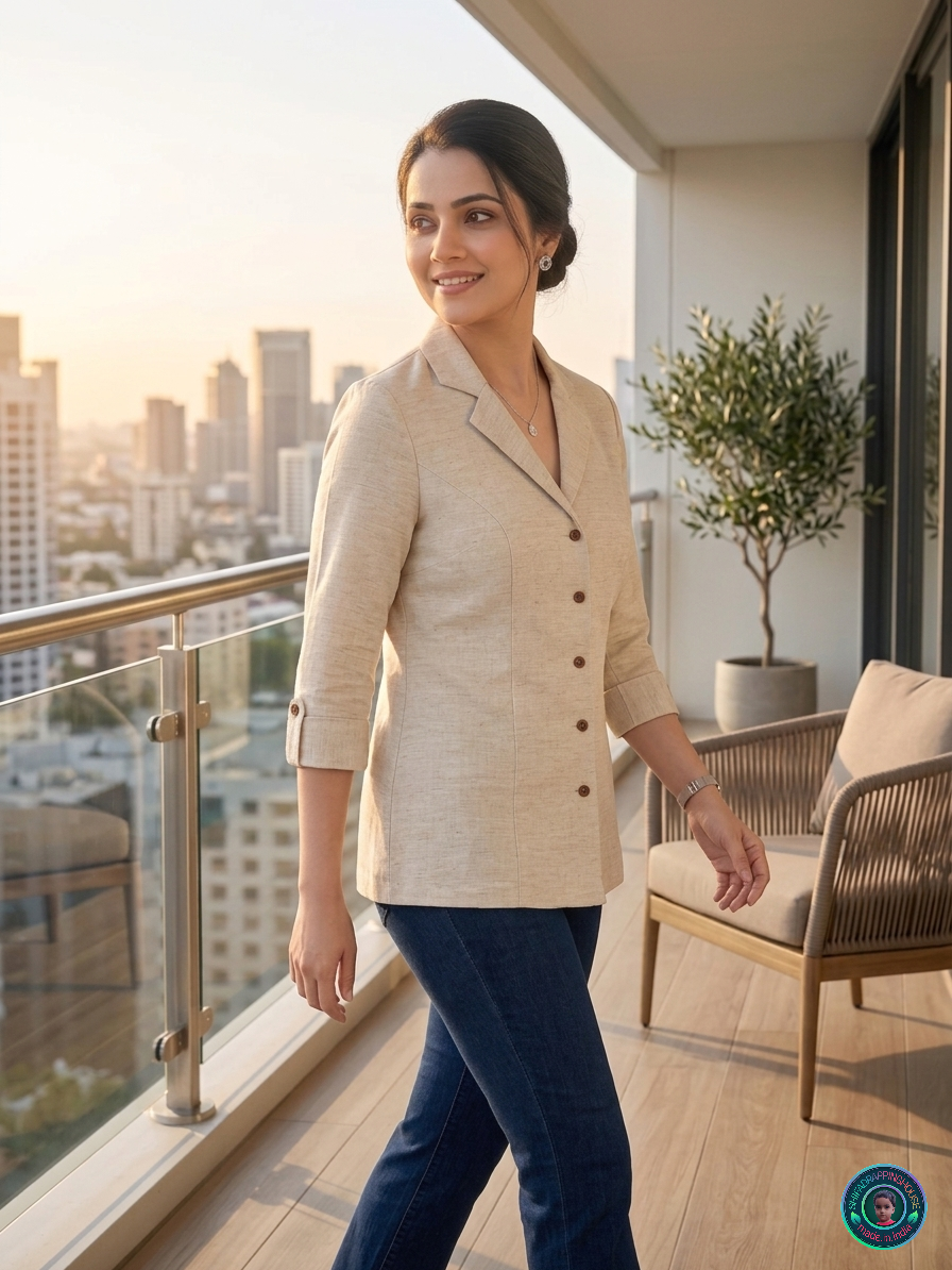 Signature Flex Denim Jacket-Style Top | Handcrafted Princess Cut & Wooden Button Luxury Edition