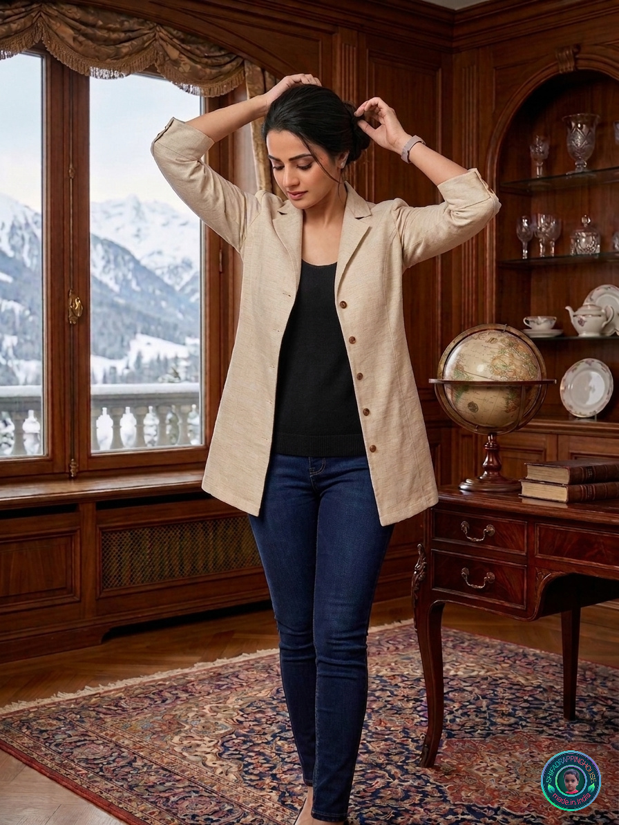 Signature Flex Denim Jacket-Style Top | Handcrafted Princess Cut & Wooden Button Luxury Edition