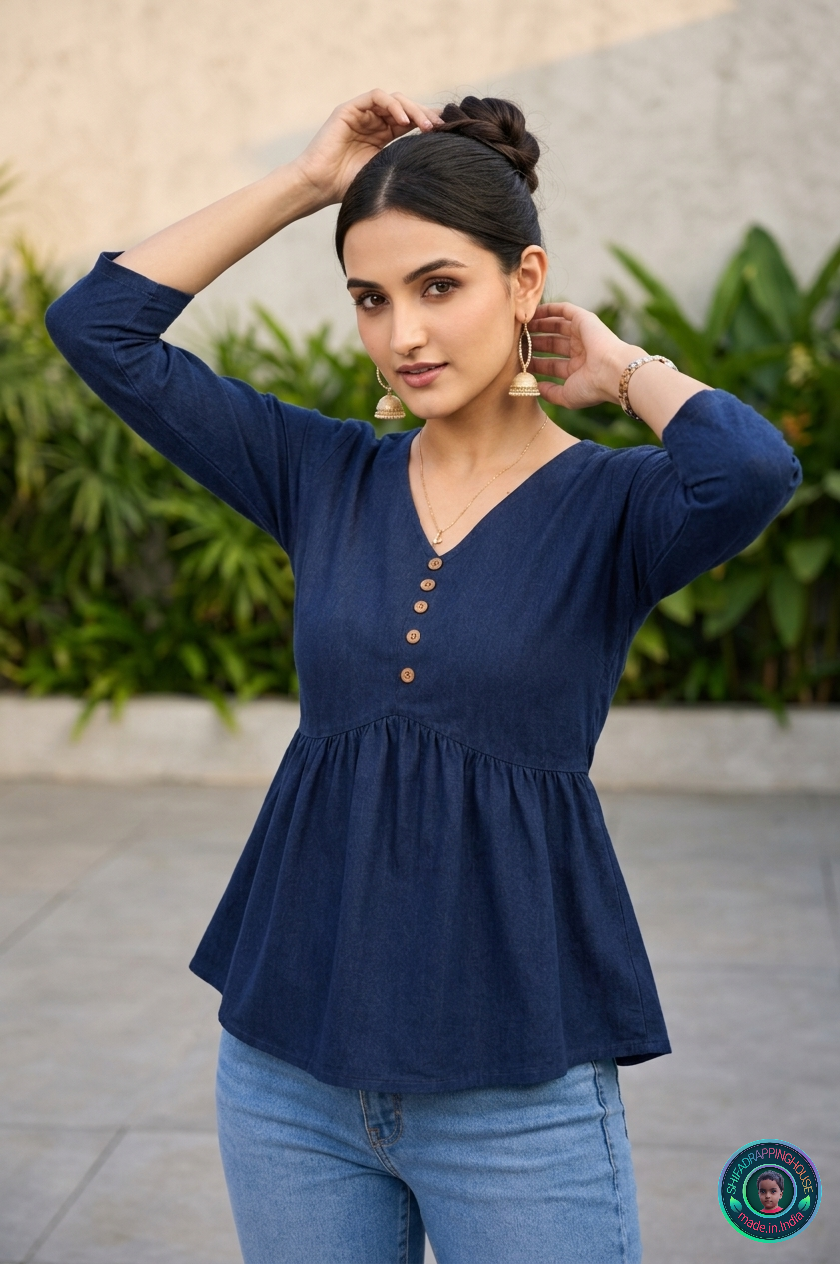 🌊 Navy Indigo Denim Peplum Top | Handcrafted V-Neck & Pointed Waistline Luxury Edition