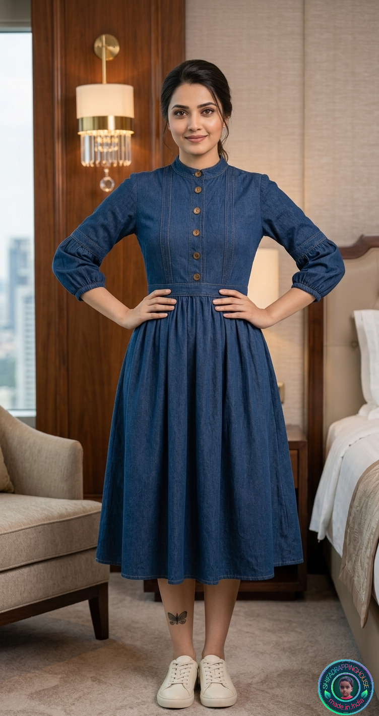 Elegance Mandarin Collar Denim Midi Dress with Wooden Buttons & 3/4 Sleeves