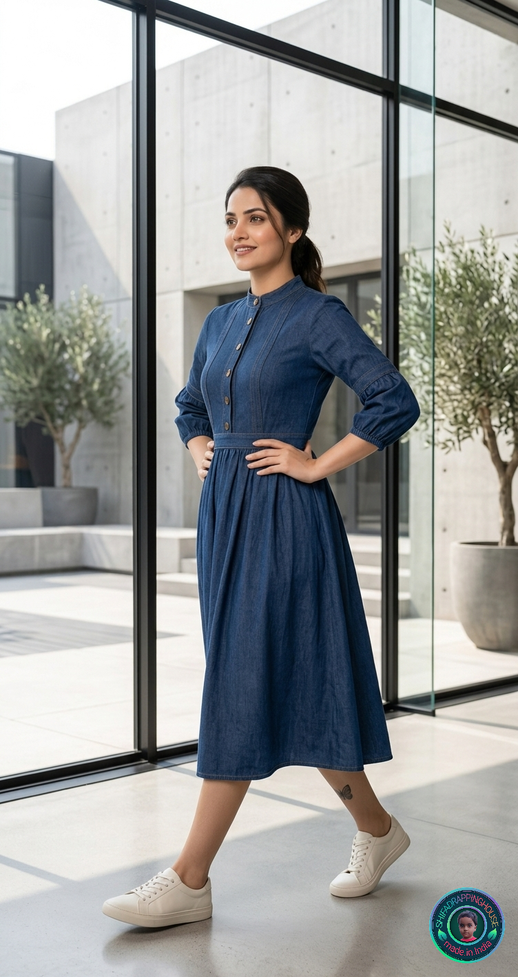 Elegance Mandarin Collar Denim Midi Dress with Wooden Buttons & 3/4 Sleeves