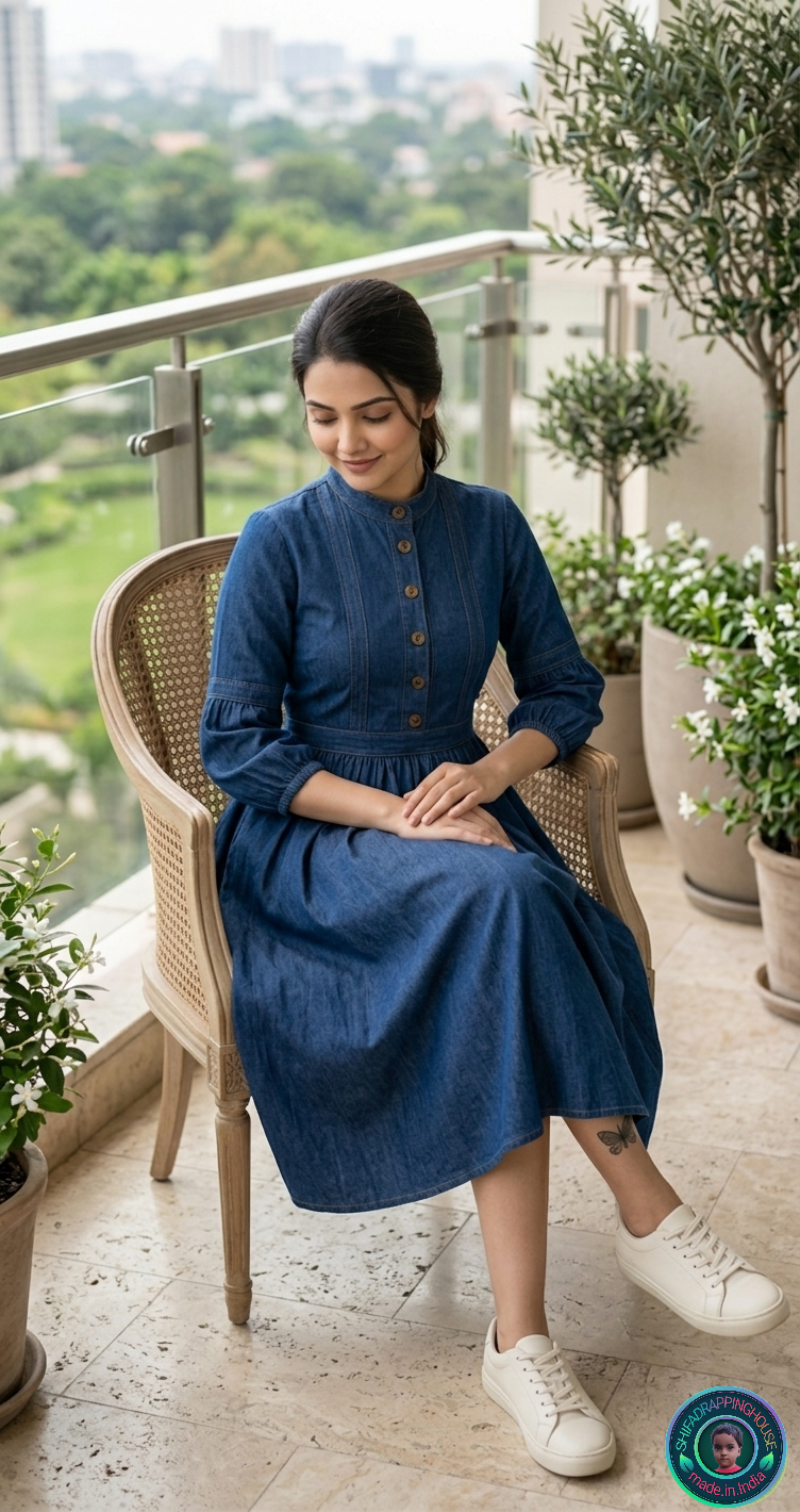 Elegance Mandarin Collar Denim Midi Dress with Wooden Buttons & 3/4 Sleeves