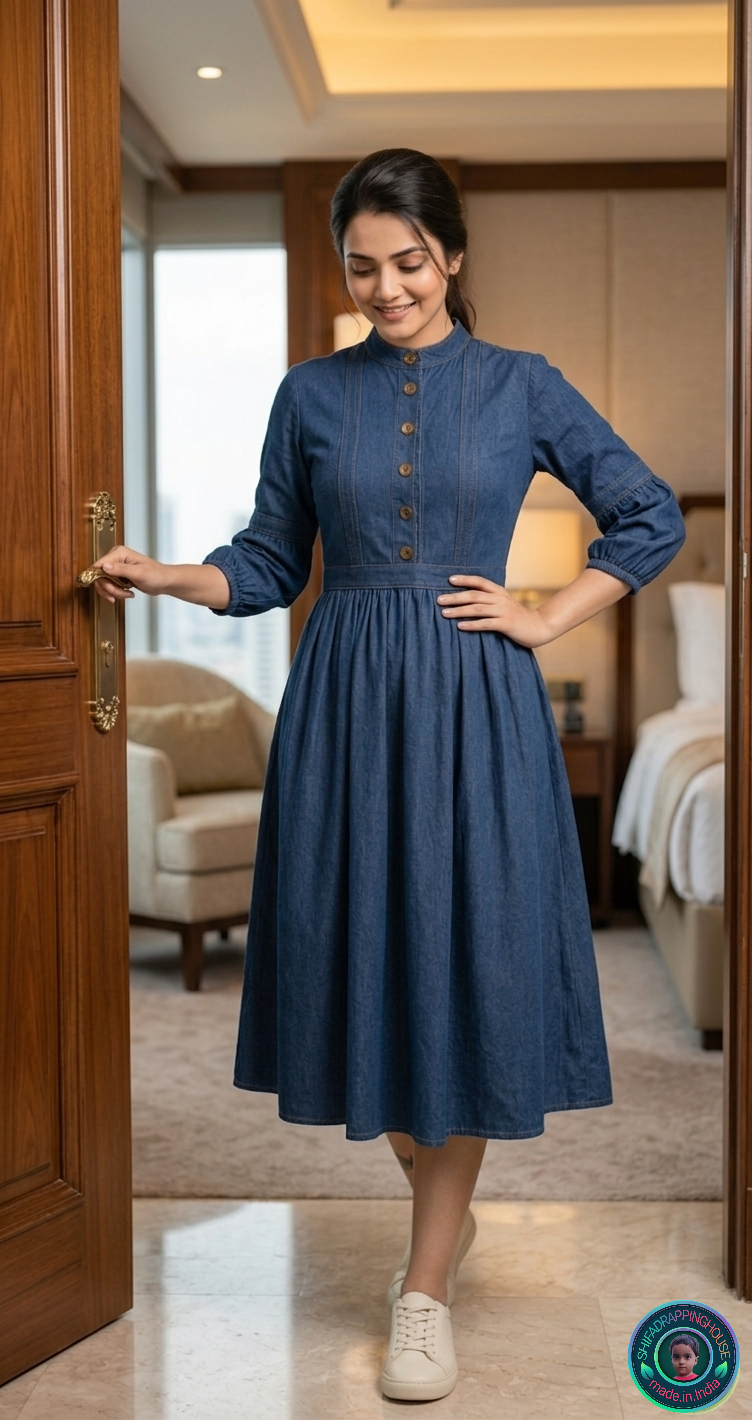 Elegance Mandarin Collar Denim Midi Dress with Wooden Buttons & 3/4 Sleeves