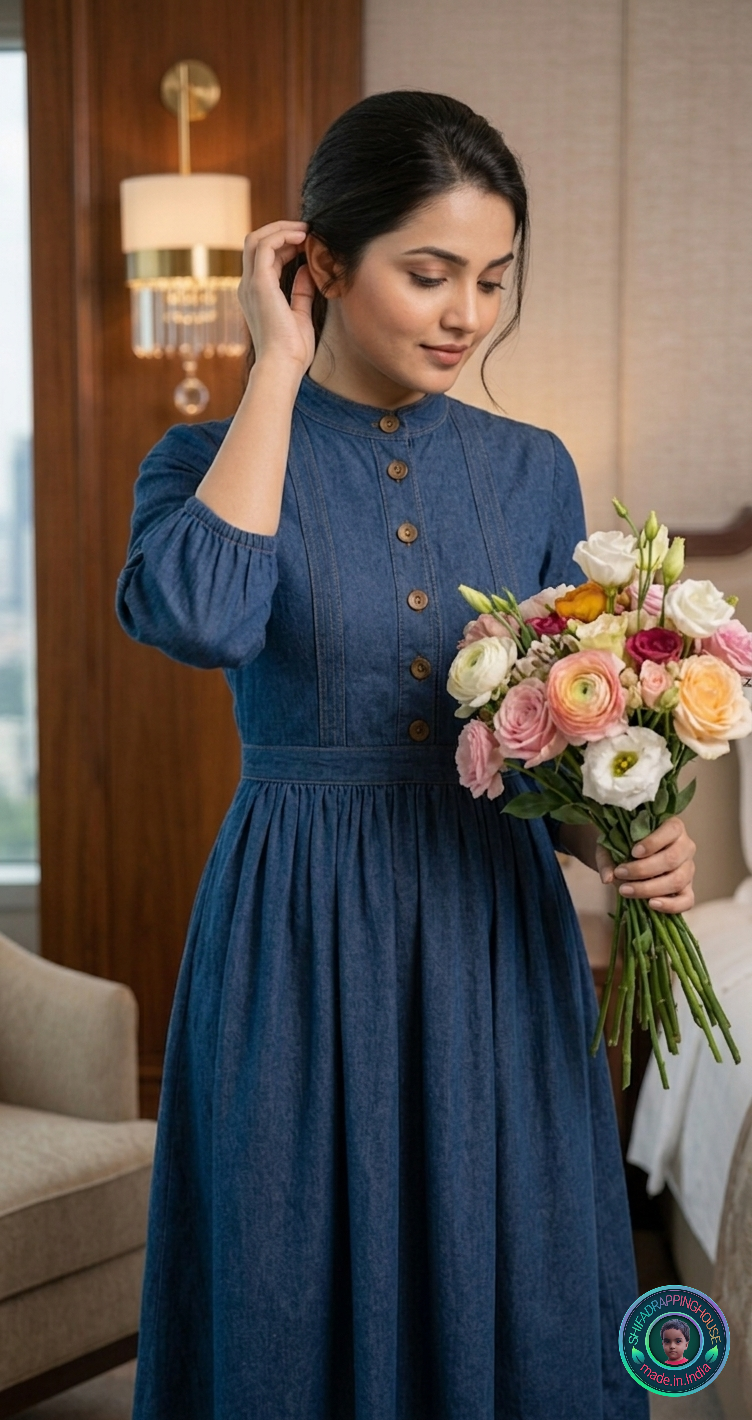Elegance Mandarin Collar Denim Midi Dress with Wooden Buttons & 3/4 Sleeves