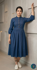 Elegance Mandarin Collar Denim Midi Dress with Wooden Buttons & 3/4 Sleeves