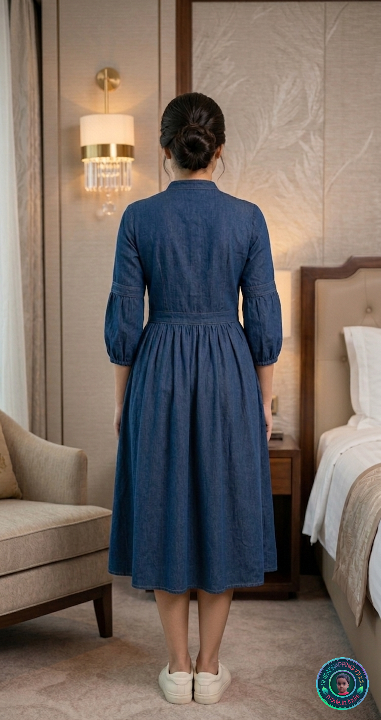 Elegance Mandarin Collar Denim Midi Dress with Wooden Buttons & 3/4 Sleeves