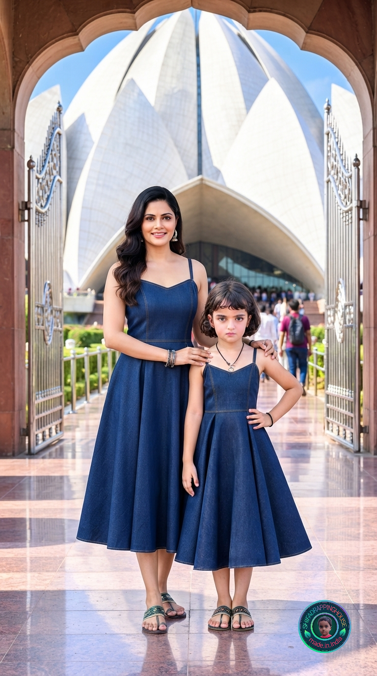 Summer Special Denim Fit & Flare Mom-Daughter Matching Midi Dress with Adjustable Straps