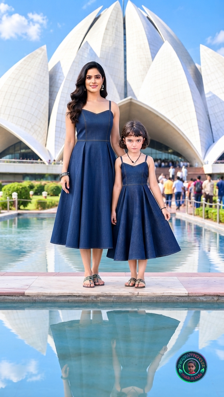 Summer Special Denim Fit & Flare Mom-Daughter Matching Midi Dress with Adjustable Straps
