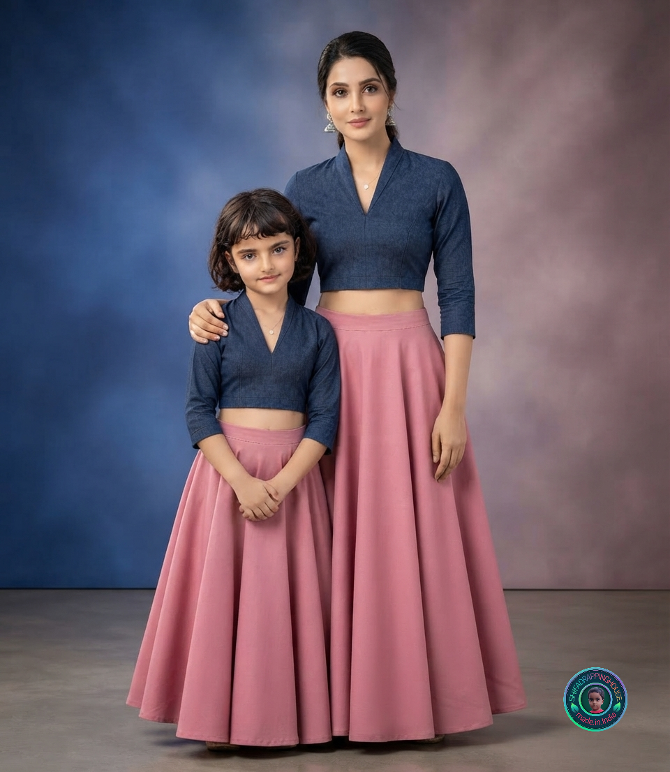 Imperial Sapphire Princess Cut Denim Blouse – Royal V-Neck and 3/4th Sleeve Statement Top - Mom & Daughter Matching