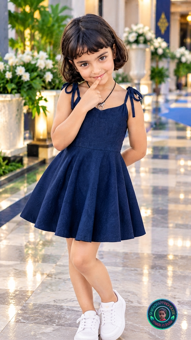 Kids Premium Navy Blue Denim Indo-Western Midi Dress with Adjustable Shoulder Ties