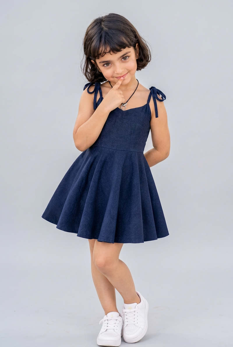 A young girl with dark hair is wearing a navy blue sleeveless dress with tie-shoulder straps and a flared skirt, paired with white sneakers, posing in a brightly lit indoor mall setting.