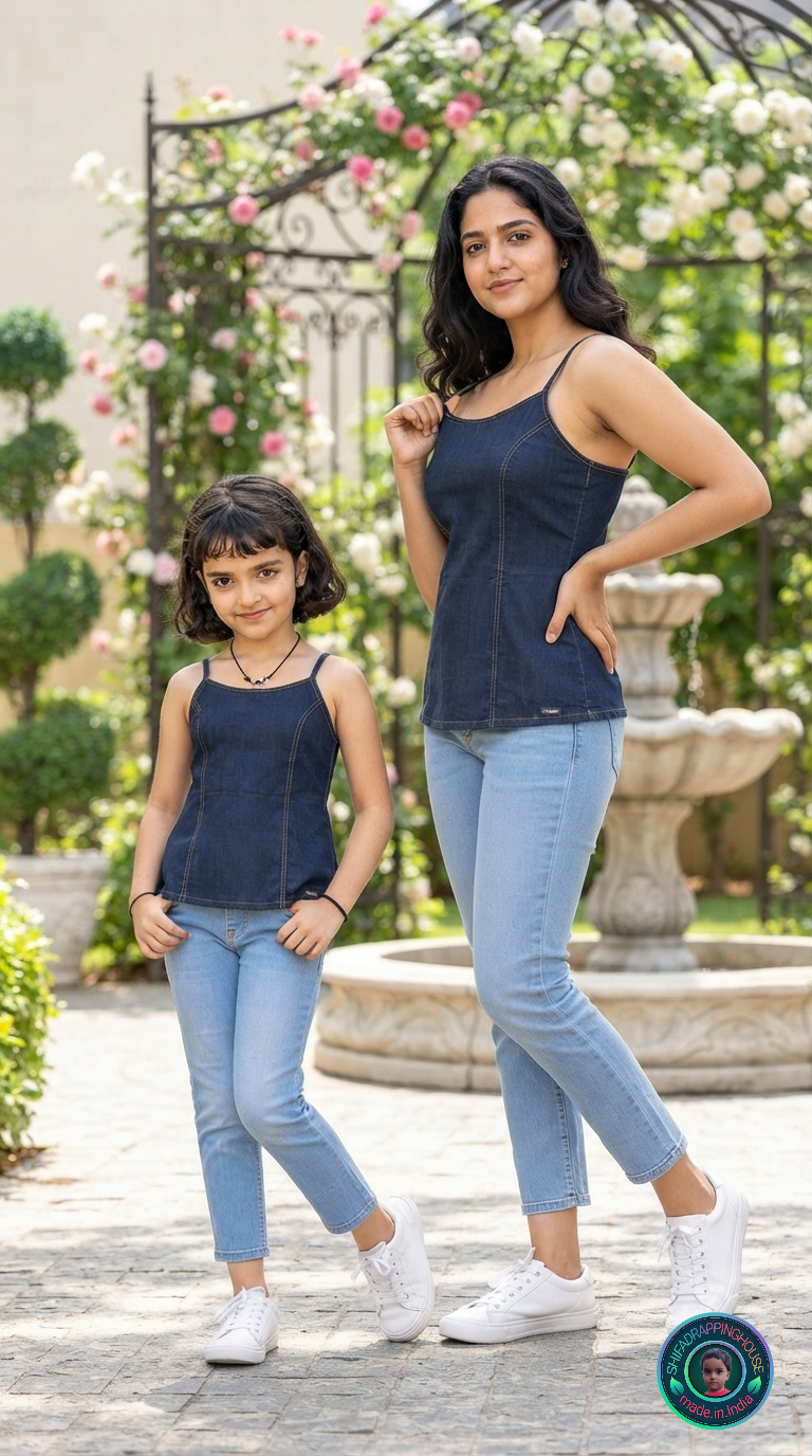 Stylish Sleeveless Denim Inner Camisole with Adjustable Straps - Mom & Daughter Matching