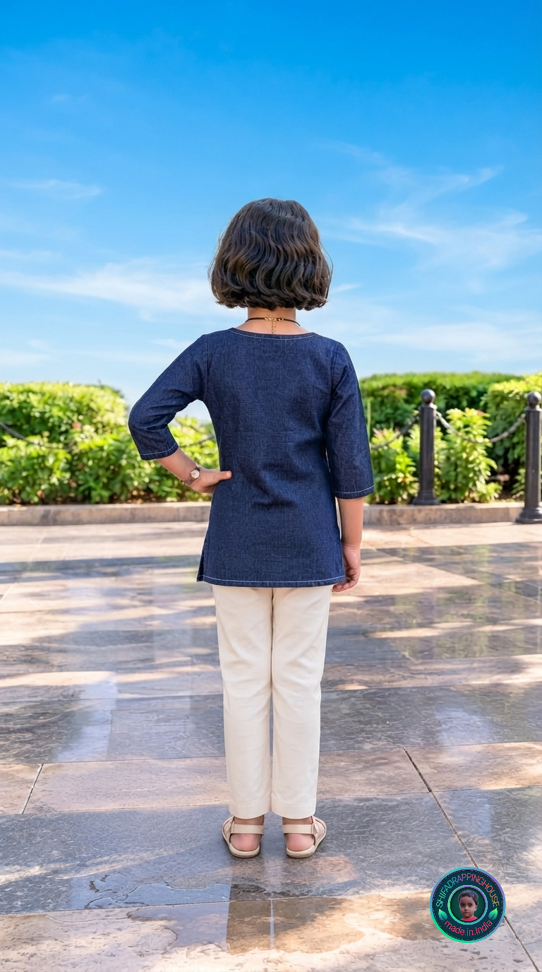 Royal Indigo Denim Boat-Neck Top with Handcrafted Anchoring Stitch - Mom & Daughter Matching