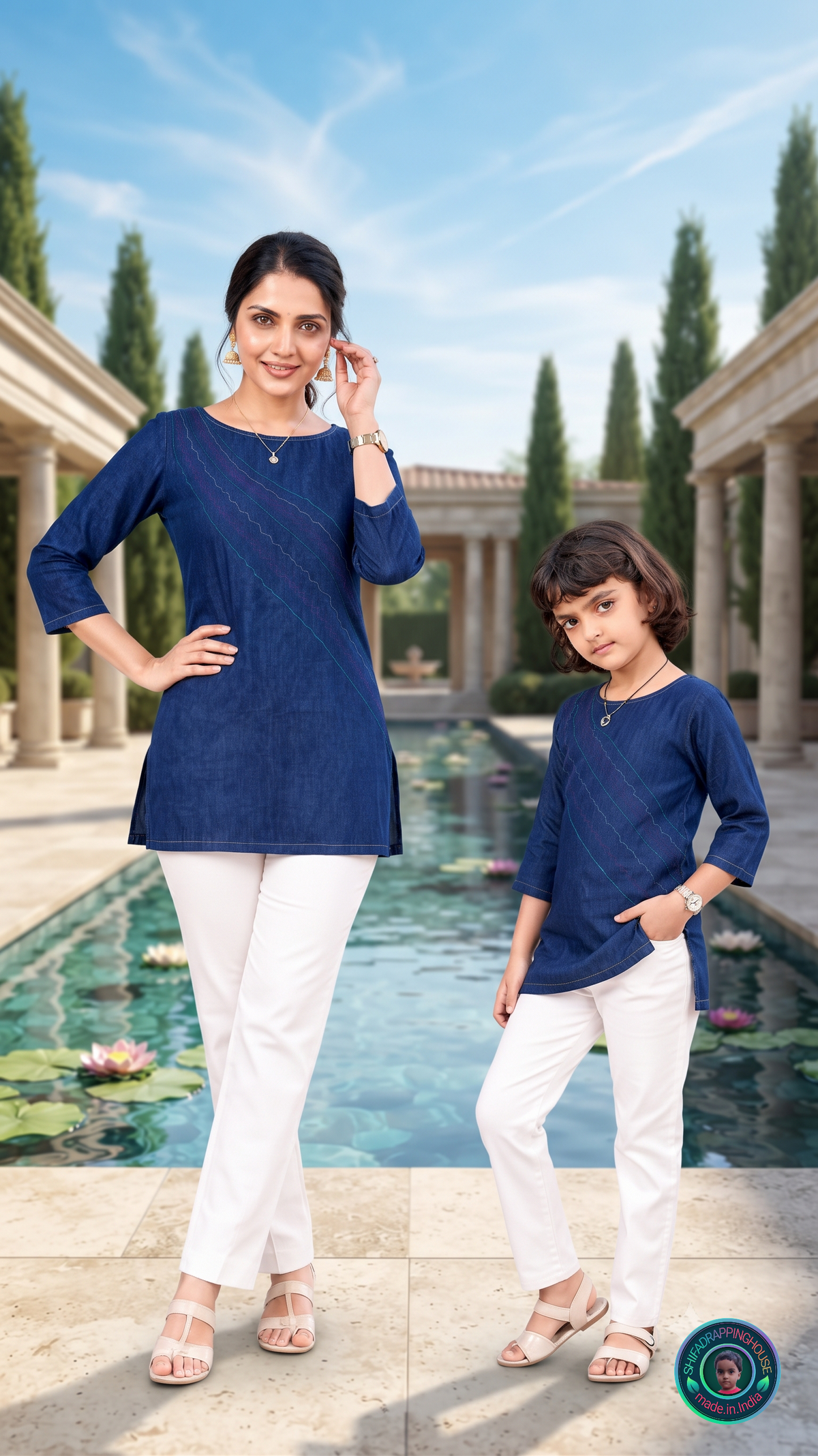 Royal Indigo Denim Boat-Neck Top with Handcrafted Anchoring Stitch - Mom & Daughter Matching