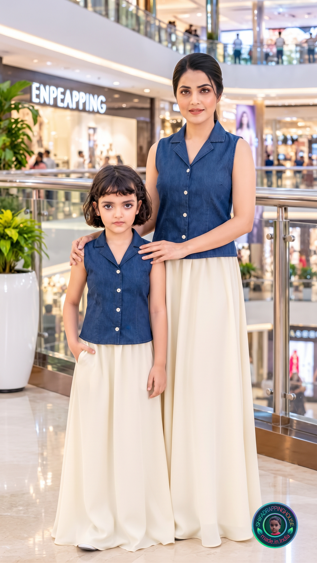Premium Sleeveless Denim Jacket-Collar Top with Flowy Skirt | Summer Indo-Western Collection - Mom & Daughter Matching