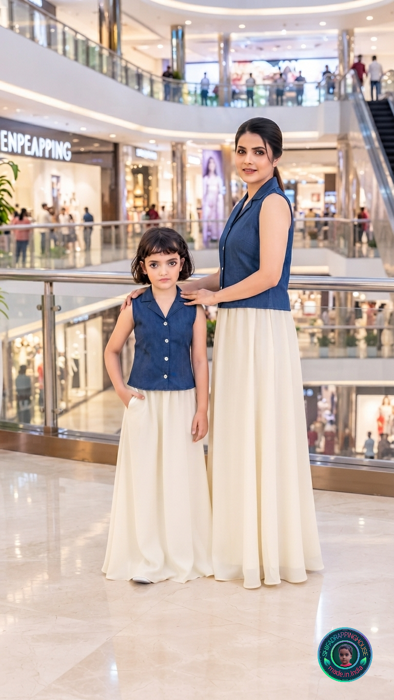 Premium Sleeveless Denim Jacket-Collar Top with Flowy Skirt | Summer Indo-Western Collection - Mom & Daughter Matching