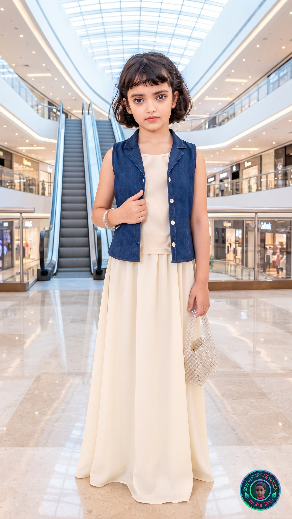 Premium Sleeveless Denim Jacket-Collar Top with Flowy Skirt | Summer Indo-Western Collection - Mom & Daughter Matching