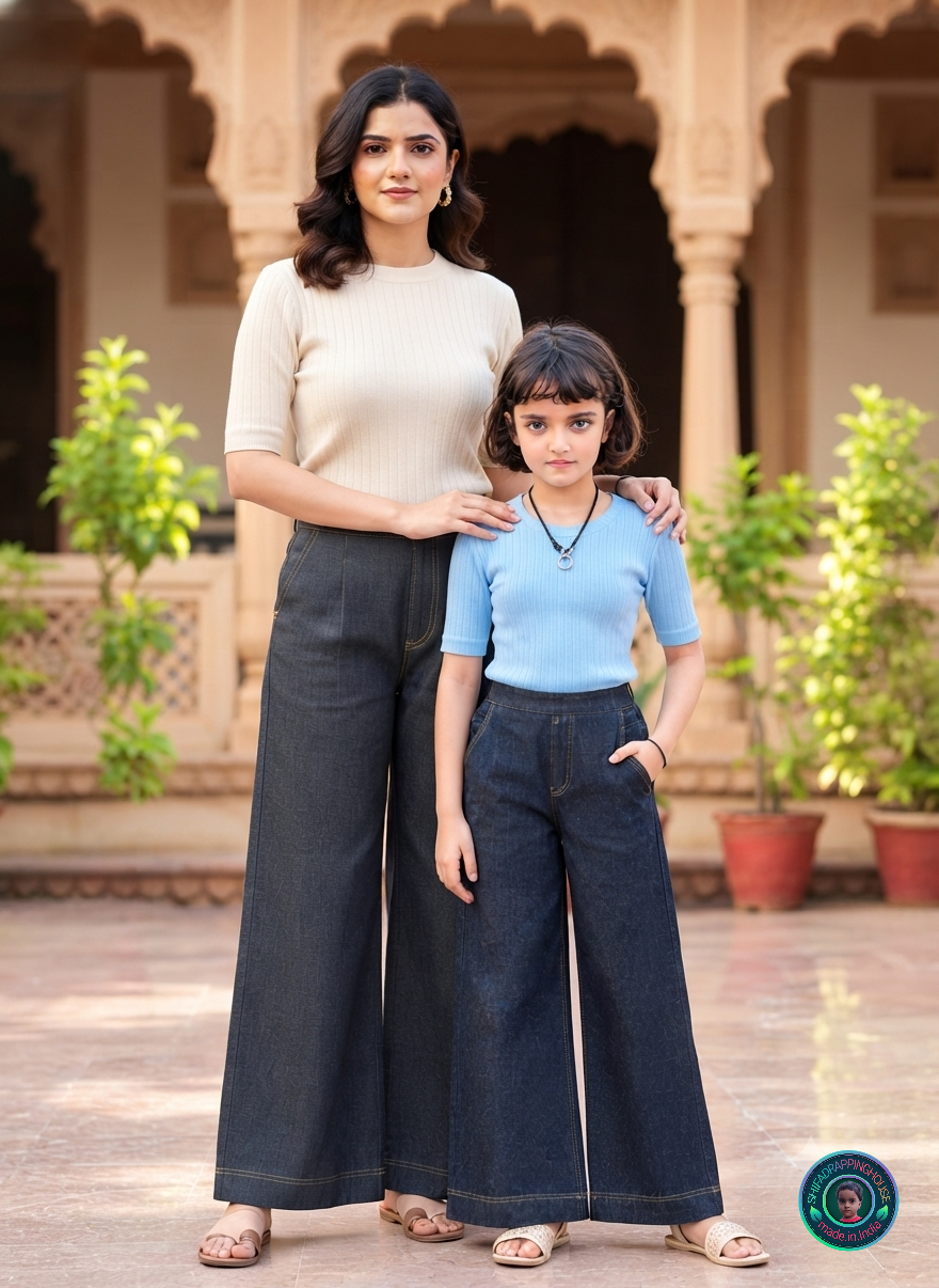 Premium Wide-Leg Denim Palazzo Trousers with Elasticated Back - Mom & Daughter Matching