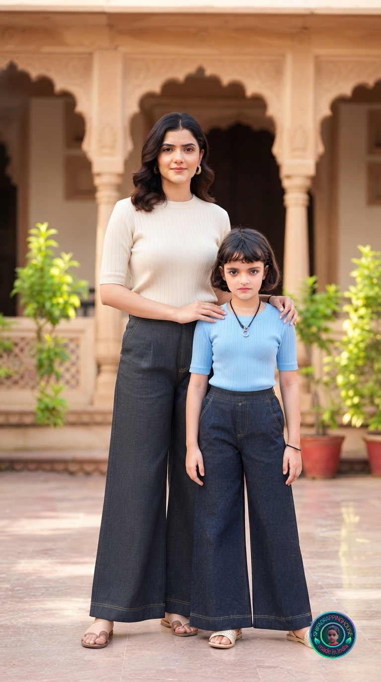 Premium Wide-Leg Denim Palazzo Trousers with Elasticated Back - Mom & Daughter Matching