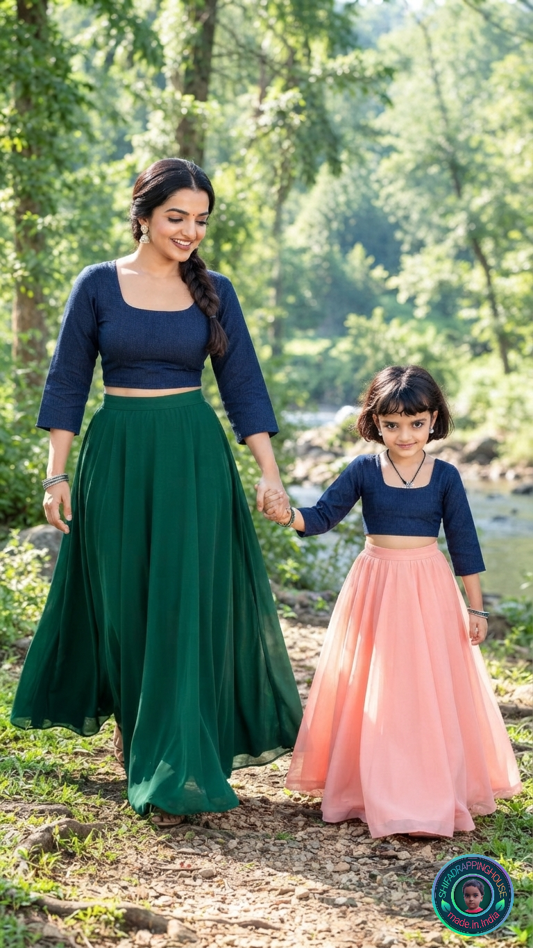 Premium Navy Blue Denim Round Neck Blouse – Princess Cut Indo-Western Crop Top (Soft Cotton Lined) - Mom & Daughter Matching