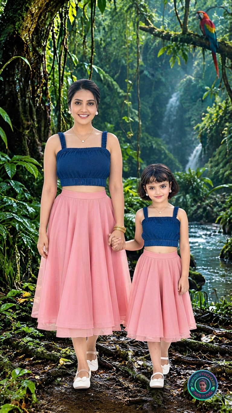 Royal Indigo Gathered Denim Blouse – Elasticated Luxury Crop Top with Concealed Zipper - Mom & Daughter Matching