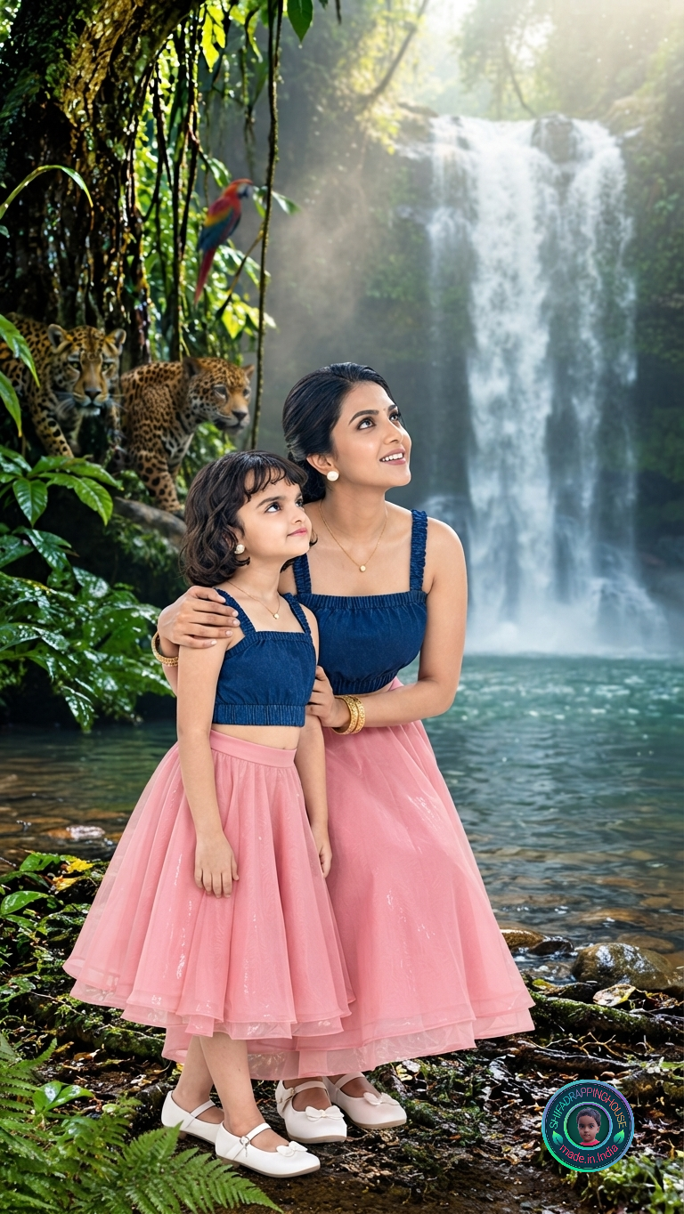 Royal Indigo Gathered Denim Blouse – Elasticated Luxury Crop Top with Concealed Zipper - Mom & Daughter Matching
