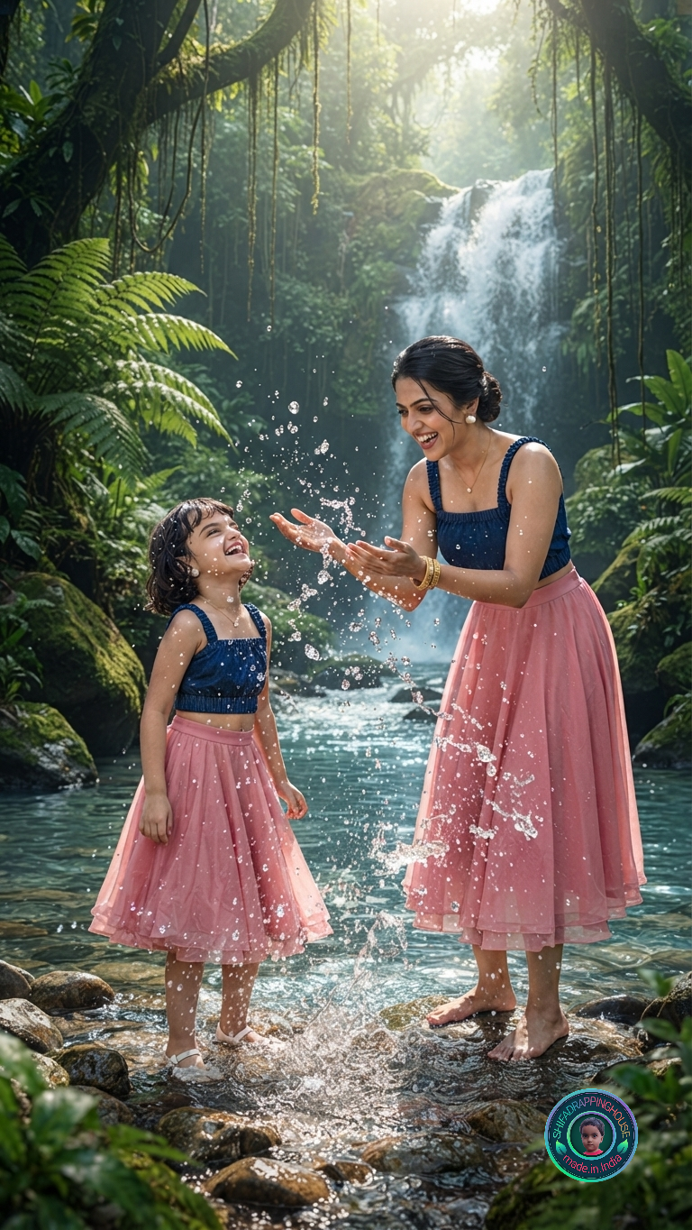 Royal Indigo Gathered Denim Blouse – Elasticated Luxury Crop Top with Concealed Zipper - Mom & Daughter Matching