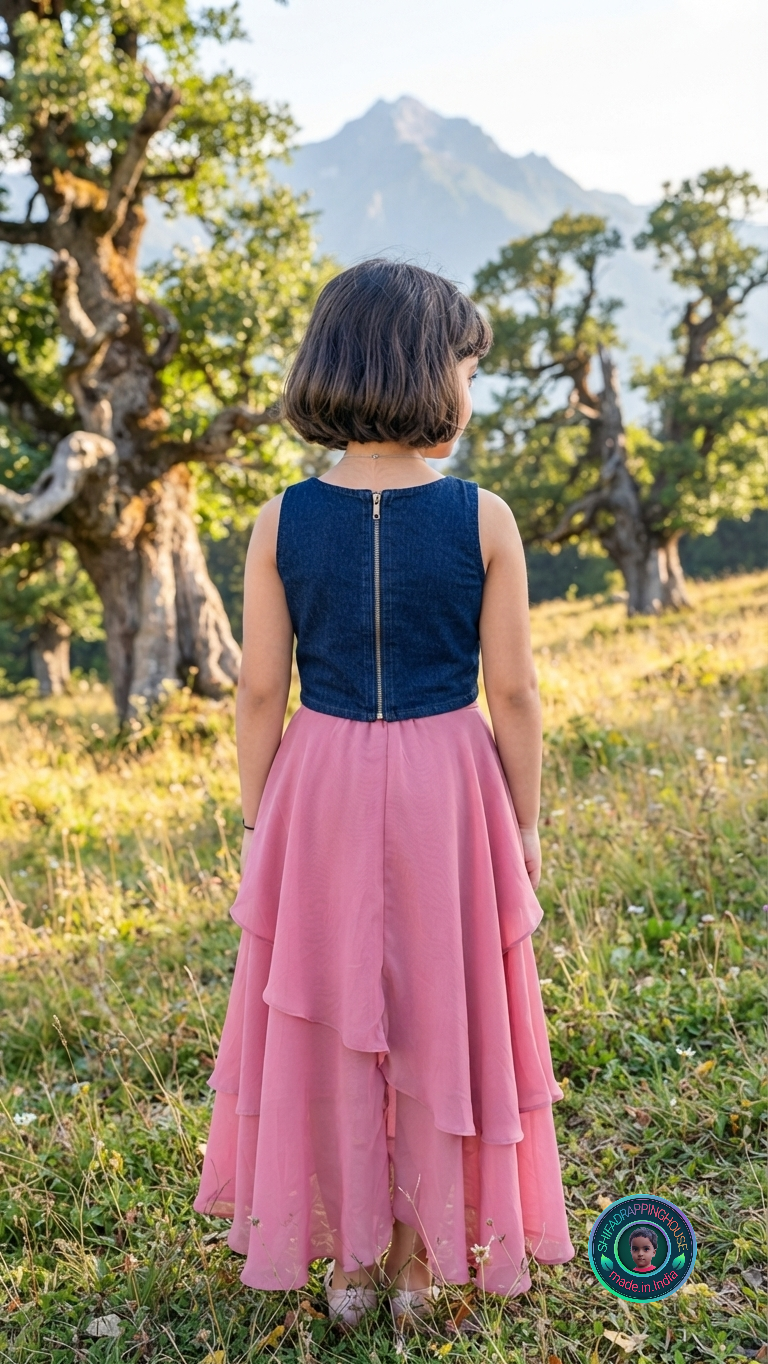 Imperial Crossover Princess Cut Denim Blouse – Royal V-Neck Sleeveless Statement Top (Padded for Adults / Easy Back Metal Zip for Kids) - Mom & Daughter Matching