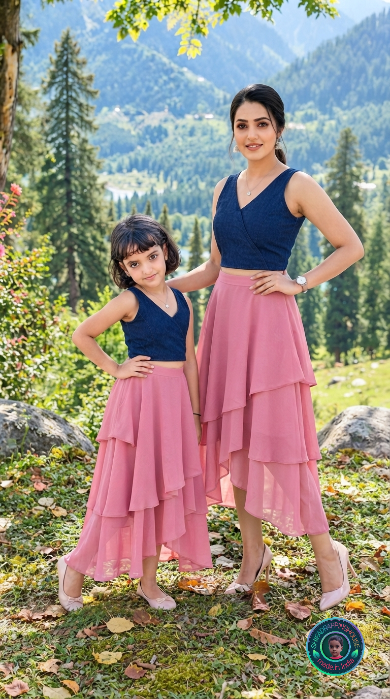 Imperial Crossover Princess Cut Denim Blouse – Royal V-Neck Sleeveless Statement Top (Padded for Adults / Easy Back Metal Zip for Kids) - Mom & Daughter Matching