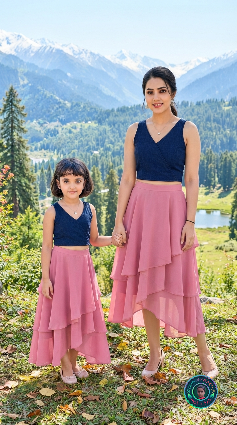 Imperial Crossover Princess Cut Denim Blouse – Royal V-Neck Sleeveless Statement Top (Padded for Adults / Easy Back Metal Zip for Kids) - Mom & Daughter Matching