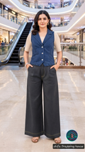 Classic Denim Sleeveless Waistcoat & Jacket – Tailored Princess Cut Indo-Western Statement Top
