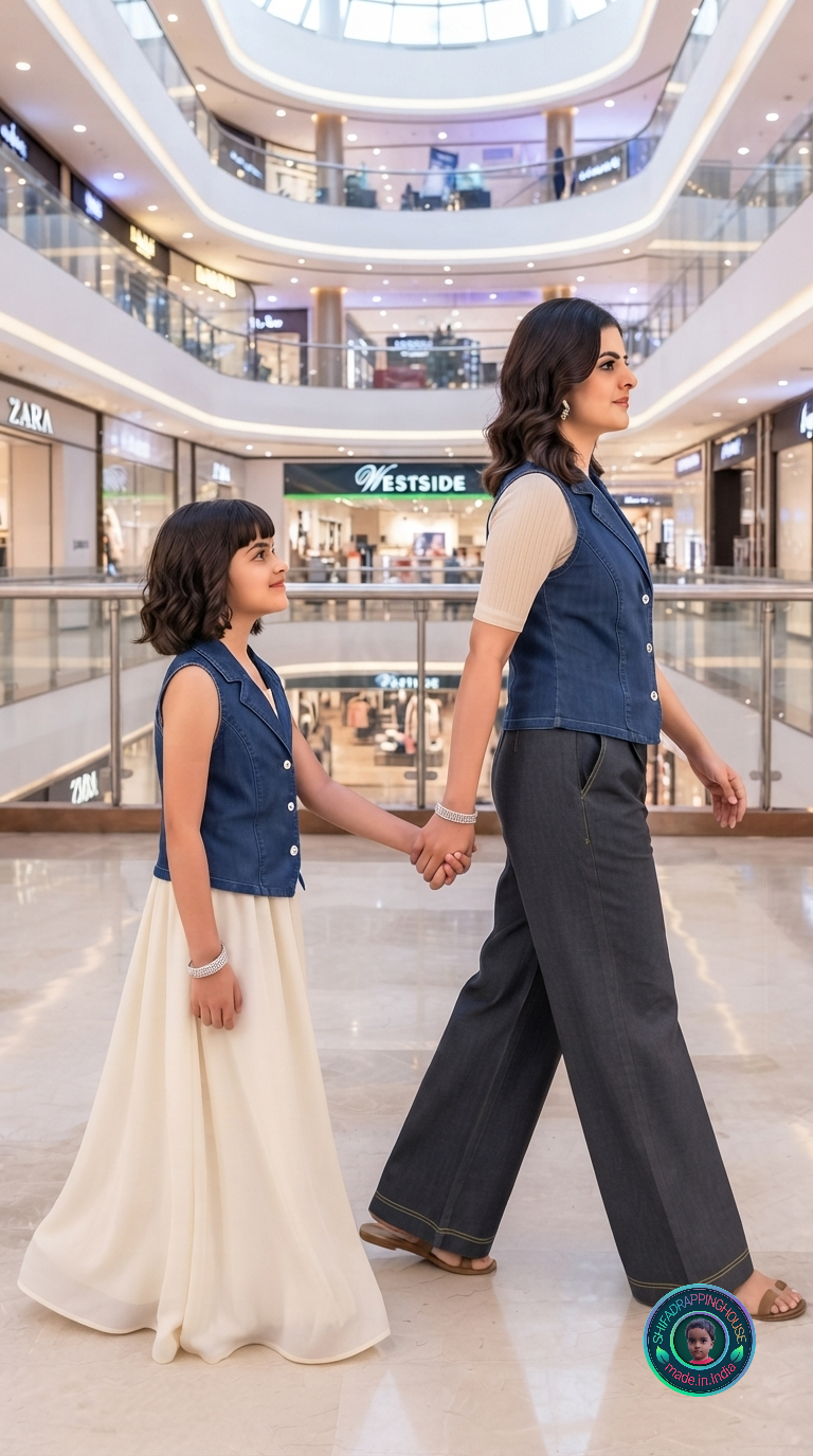 Classic Kids Denim Sleeveless Waistcoat – Matching Princess Indo-Western Top (Mom & Daughter Collection)