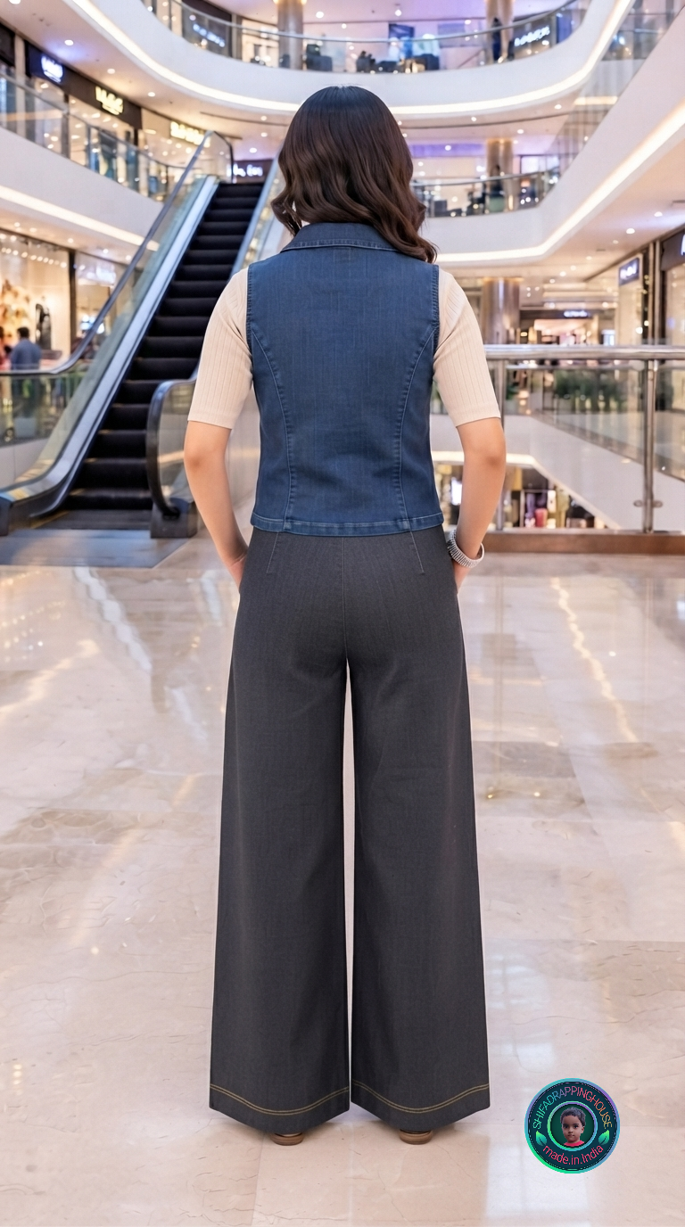 Classic Denim Sleeveless Waistcoat & Jacket – Tailored Princess Cut Indo-Western Statement Top