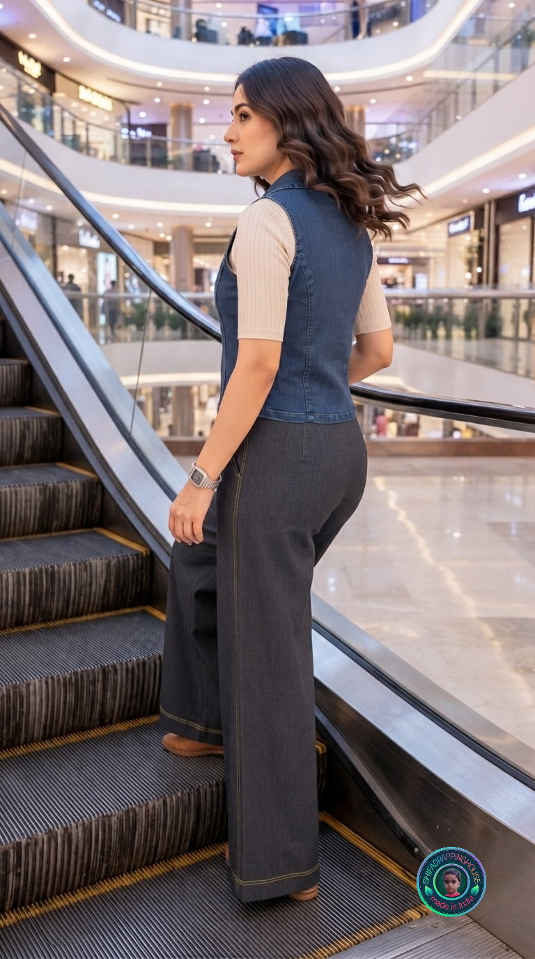 Classic Denim Sleeveless Waistcoat & Jacket – Tailored Princess Cut Indo-Western Statement Top