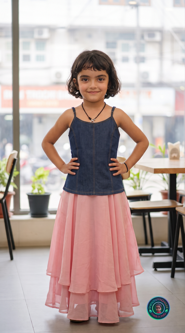 ShifaDrappinghouse Kids (Trendy): Premium Dark Wash Denim Spaghetti Strap Camisole – Contrast Stitching Detail