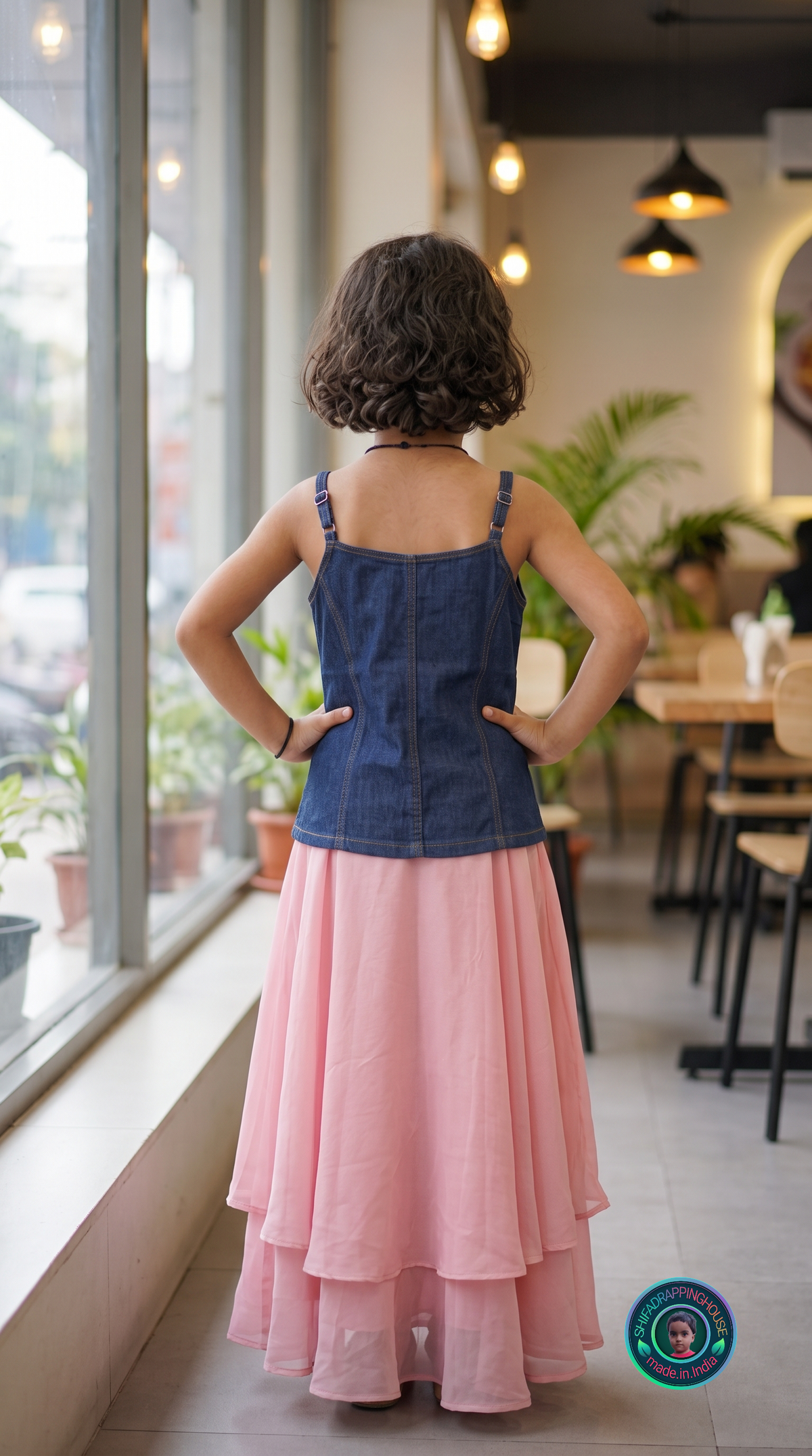 ShifaDrappinghouse Kids (Trendy): Premium Dark Wash Denim Spaghetti Strap Camisole – Contrast Stitching Detail